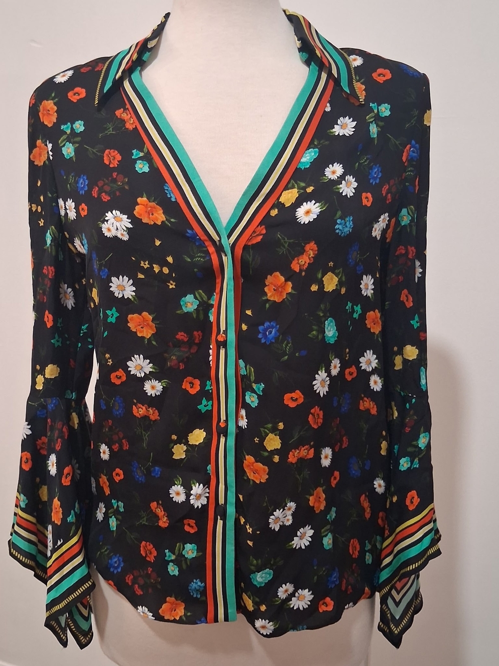 Alice + Olivia Randa Floral Bell Sleeve Striped Trim Blouse Shirt S